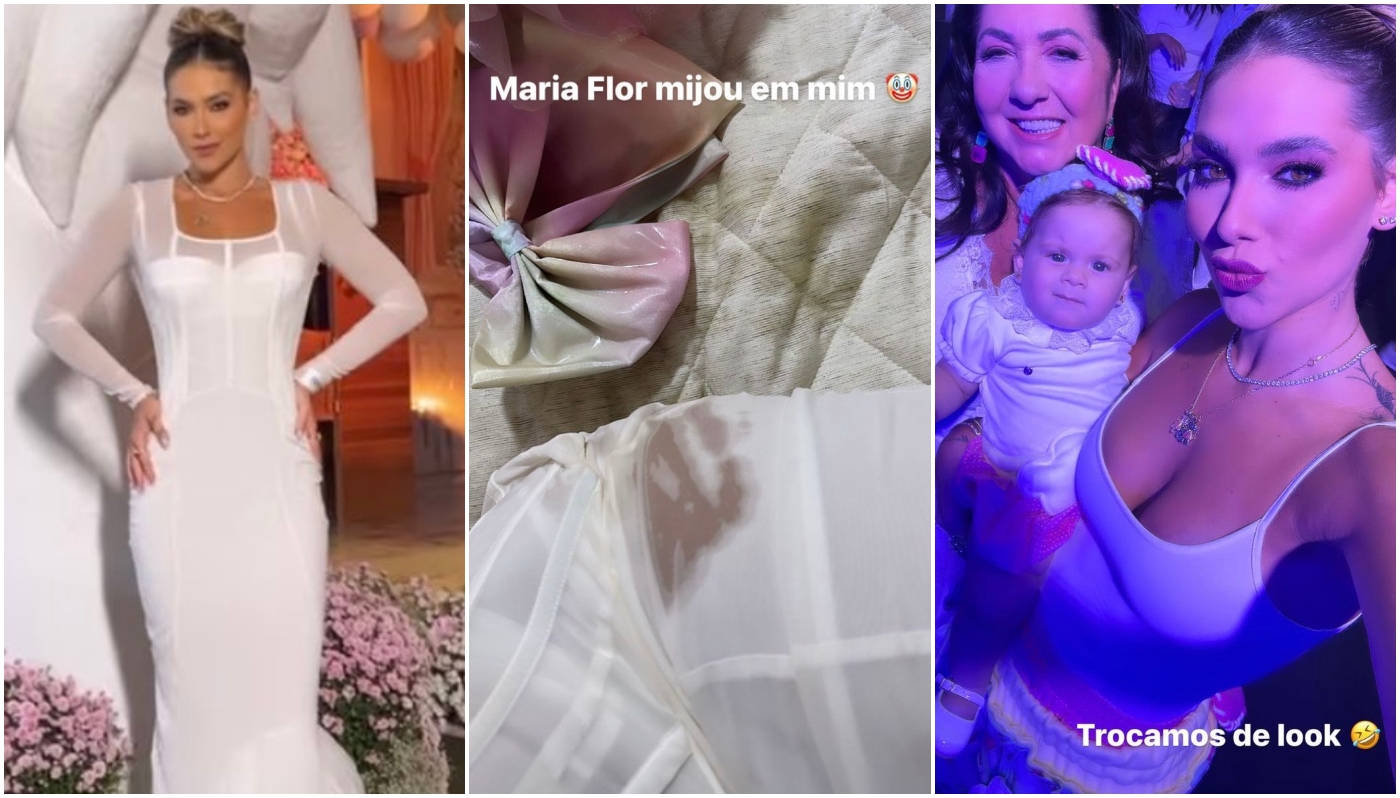 Virginia precisou trocar de roupa porque a filha mais nova, Maria Flor, fez xixi nele