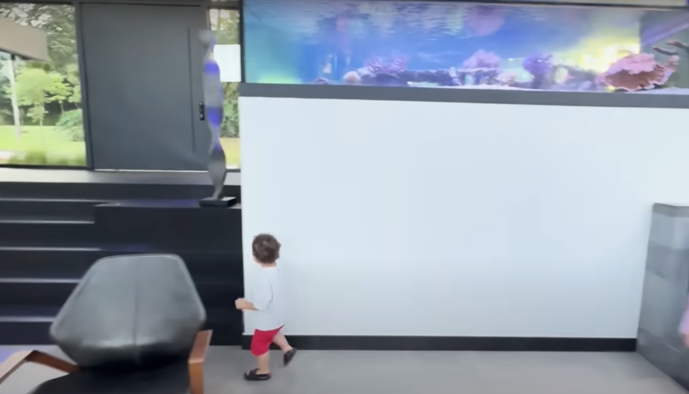 Mansão de Boca Rosa tem dois aquários com água salgada, logo na entrada
