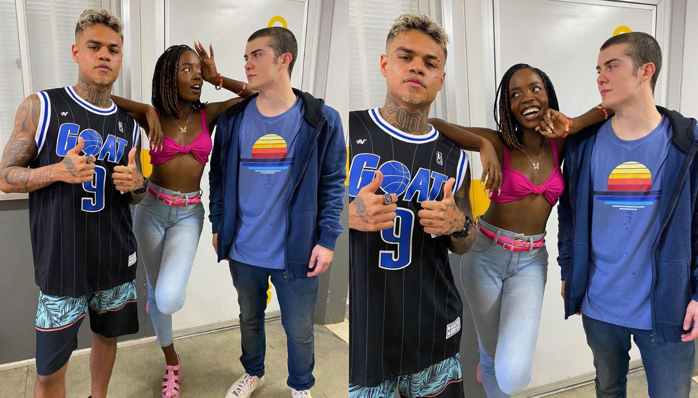 Caio Manhente e Clara Moneke com MC Cabelinho, que também está no elenco da novela