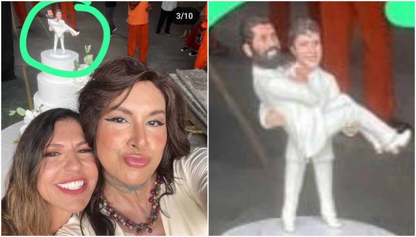 Topo de bolo com Kelvin e Ramiro em foto de bastidores de