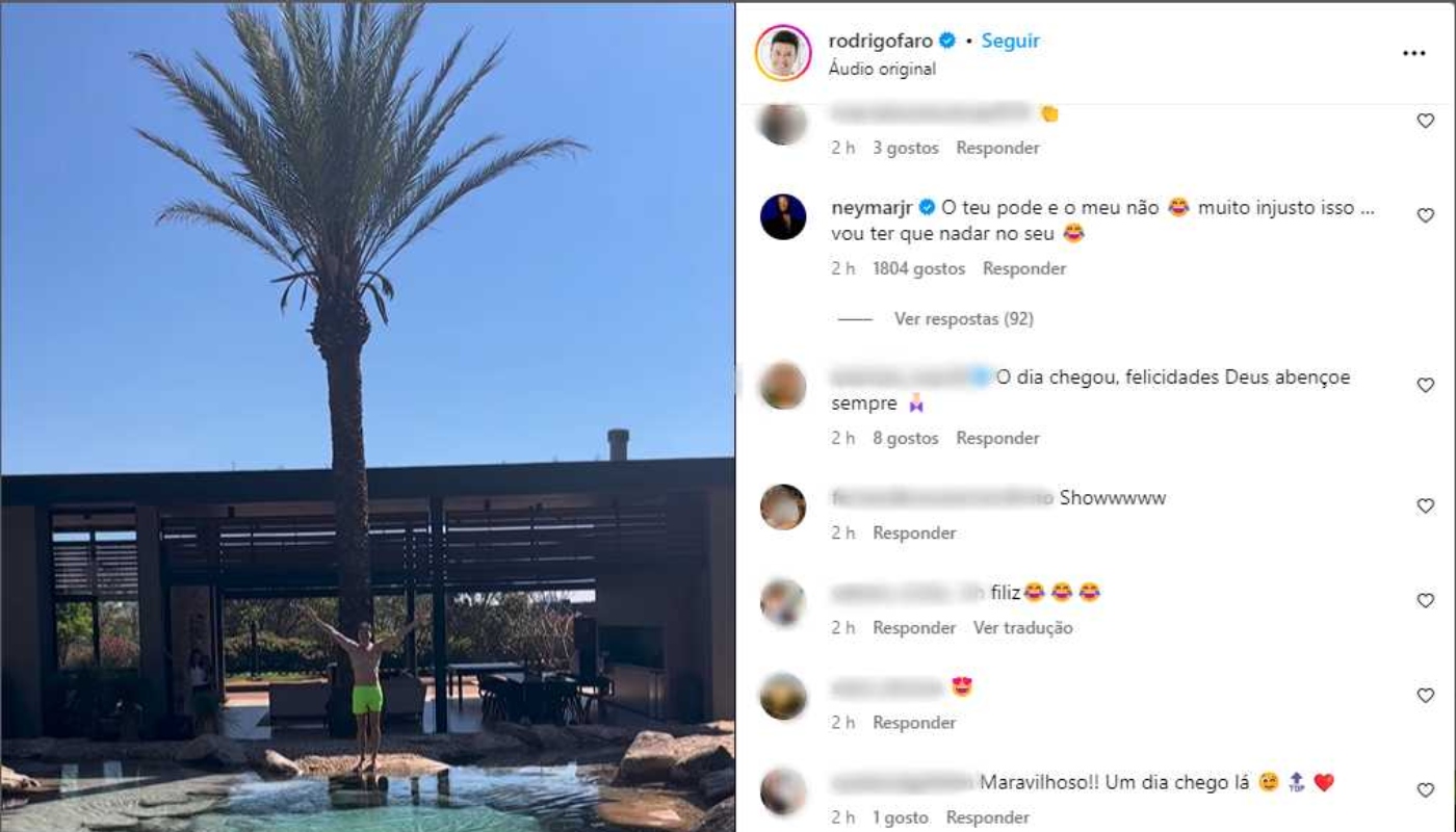 Neymar comenta publicação de Rodrigo Faro sobre lago