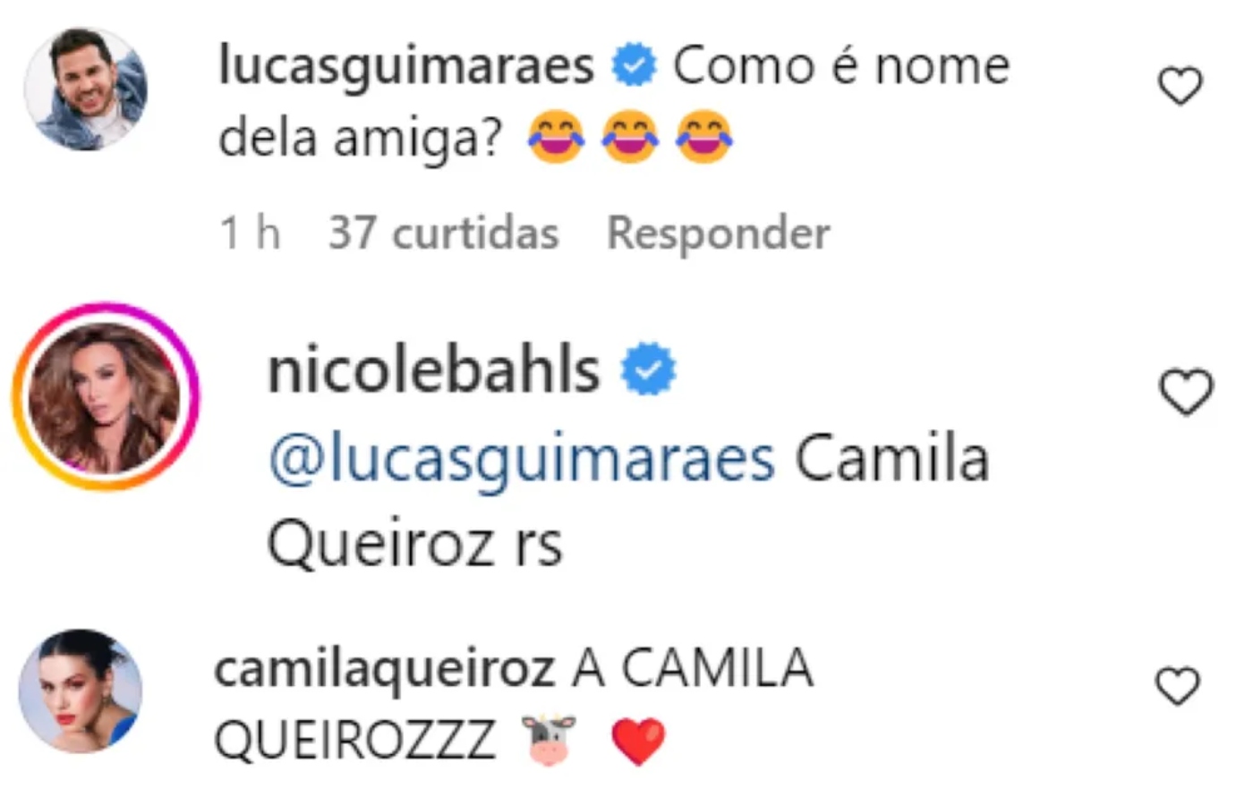 Camila Queiroz comenta publicação de Nicole Bahls