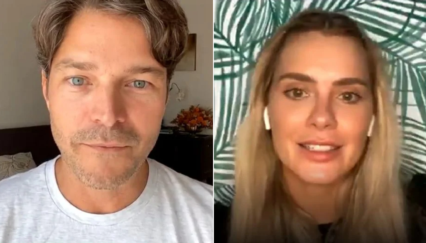 Erik Marmo e Carol Dieckmann na live do Globoplay Internacional, em 2020