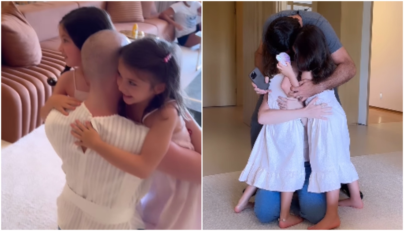 Fabiana Justus com os filhos e o marido em pausa do tratamento de câncer