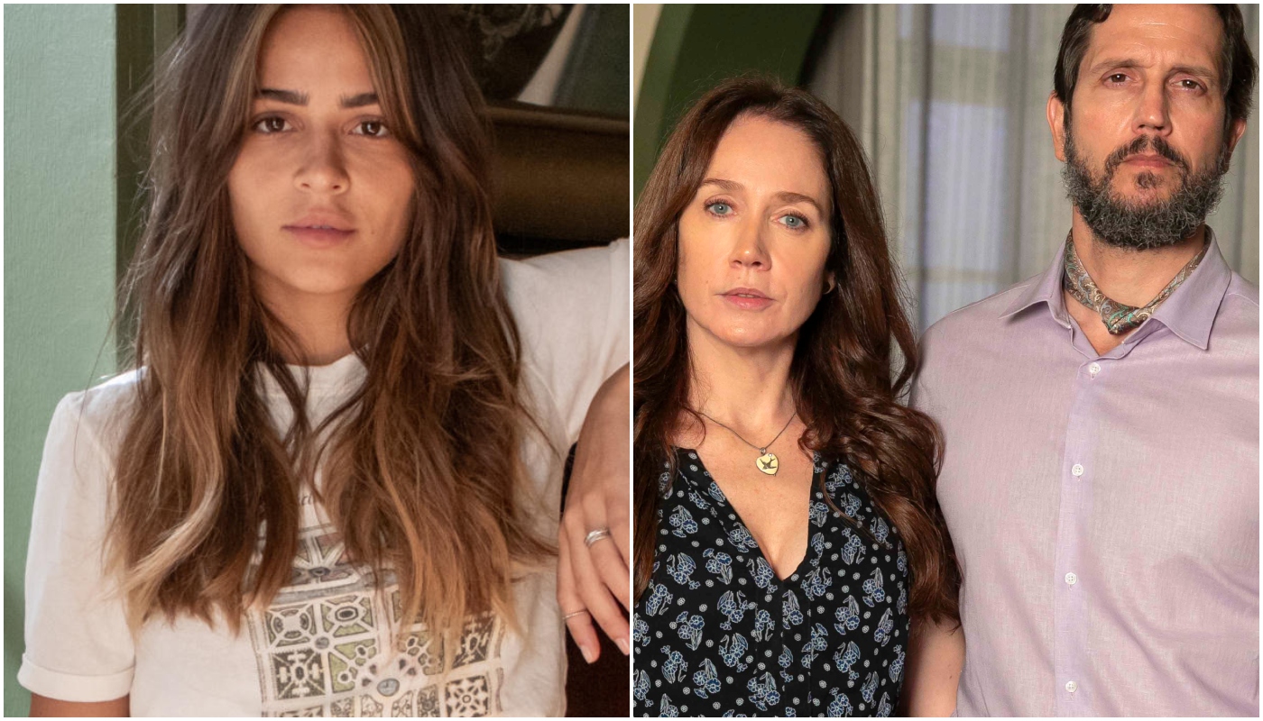 Sandra (Giullia Buscacio) e Egídio com Dona Patroa (Vladimir Brichta e Camila Morgado) em