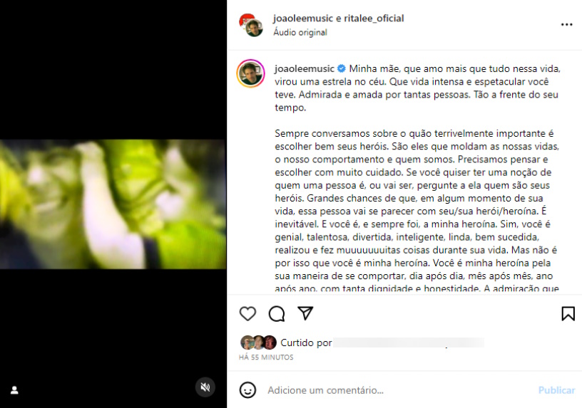 Homenagem de João Lee à mãe, Rita Lee