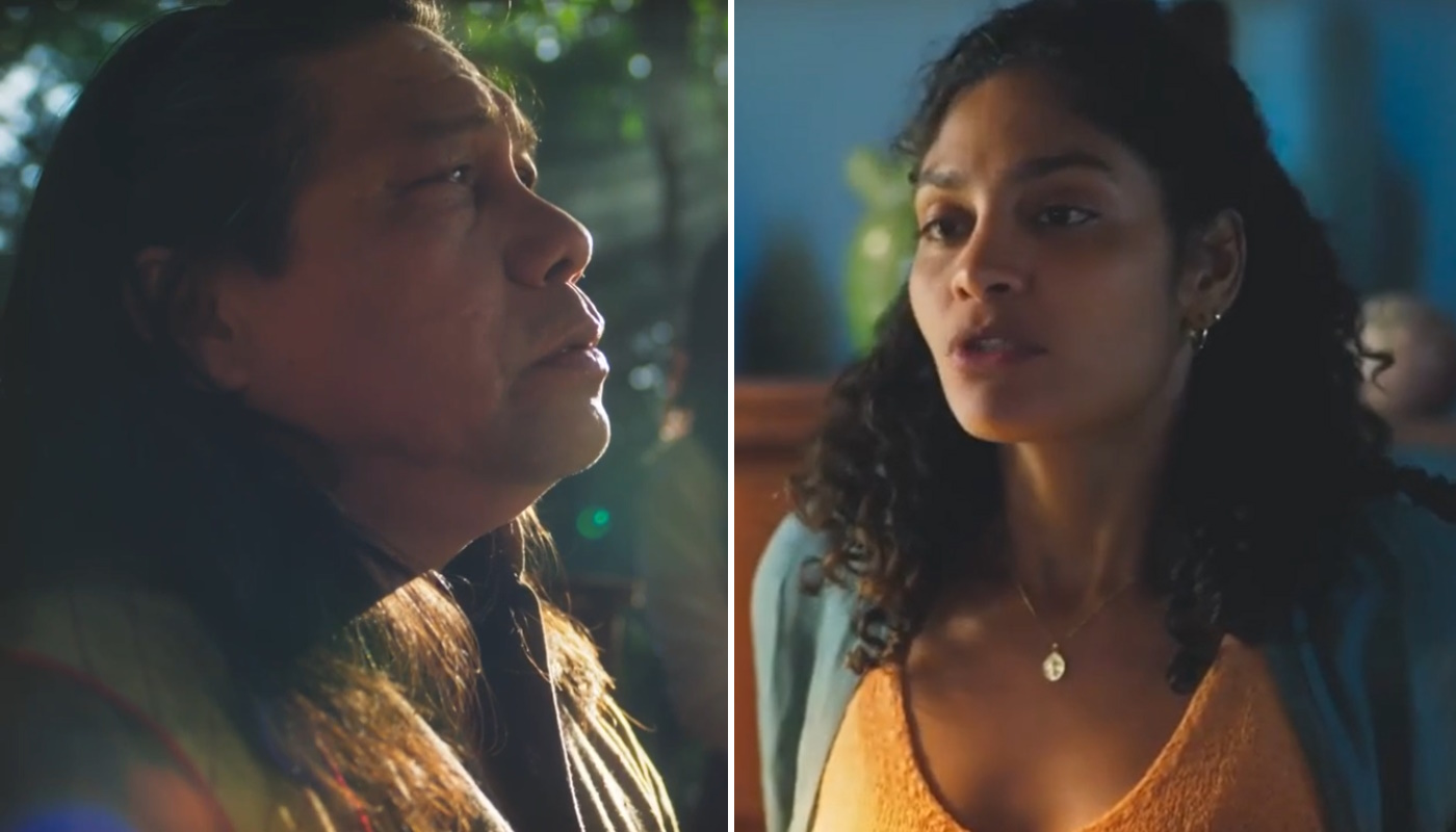 Jurecê (Daniel Munduruku) e Aline (Bárbara Reis) em