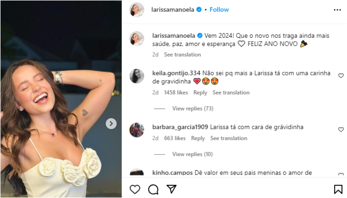 Fãs comentam sobre possível gravidez de Larissa Manoela em comentários