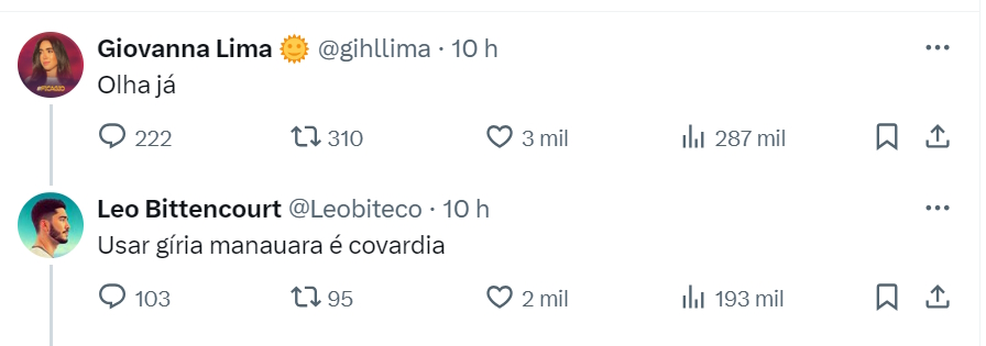 Giovanna respondeu o post de Leo Bittencourt