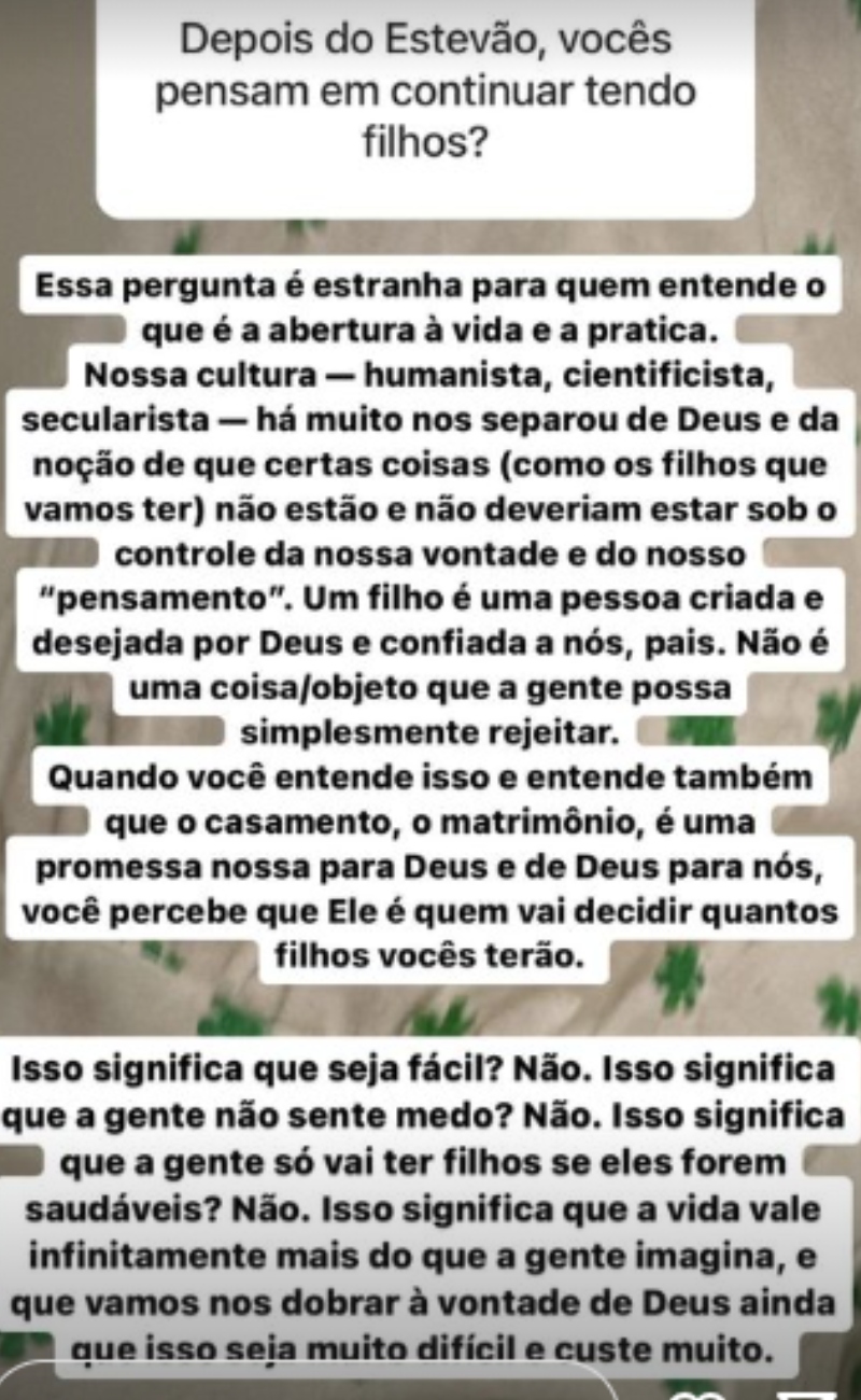 Esposa de Juliano Cazarré deixou claro que o casal não pretende impedir novas gestações