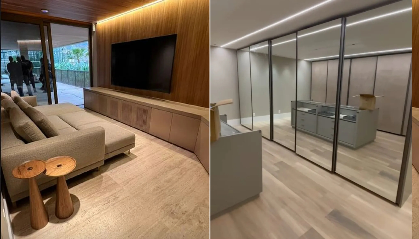 Sala de televisão e closet da mansão, também bem amplos