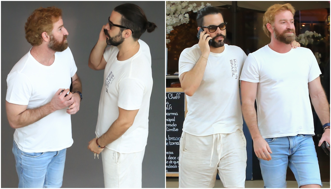 Pedro Carvalho e o marido, Henrique Simonetti, passeando pelo shopping Village Mall, no Rio de Janeiro