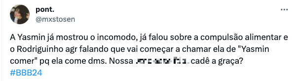 Comentários sobre Rodriguinho e Yasmin Brunet no BBB24