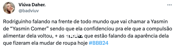 Comentários sobre Rodriguinho e Yasmin Brunet no BBB24